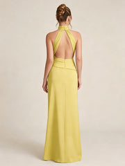 Satin Halter Evening Dress with Twist Waist and High Slit