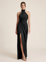 Satin Halter Evening Dress with Twist Waist and High Slit