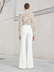 Satin and Lace Wide-Leg Evening Jumpsuit with High Neck and Long Sleeves