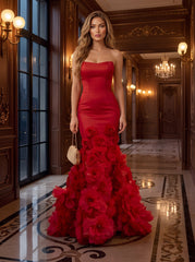Satin Mermaid Evening Dress with Strapless Neckline and 3D Floral Train