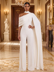 Satin Wide-Leg Evening Jumpsuit with Asymmetric Neckline and Cape