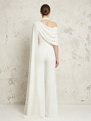 Satin Wide-Leg Evening Jumpsuit with Asymmetric Neckline and Cape