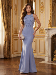 Satin Mermaid Evening Dress with High Neck and 3D Flowers