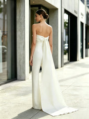 Satin One Shoulder Wide-Leg Jumpsuit with 3D Flower and Bow Train