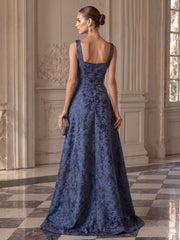 Jacquard A-Line Evening Dress with Square Neckline and Front Slit