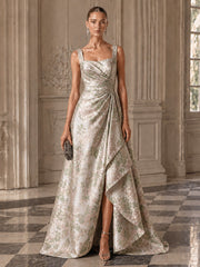 Jacquard A-Line Evening Dress with Square Neckline and Front Slit