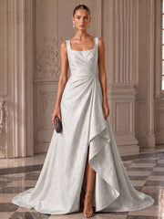 Jacquard A-Line Evening Dress with Square Neckline and Front Slit