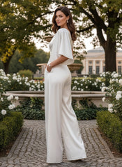 Satin Wide-Leg Evening Jumpsuit with One Shoulder and Pockets