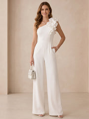 Jersey One Shoulder Wide-Leg Evening Jumpsuit with Ruffles and Pockets