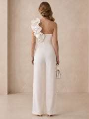 Jersey One Shoulder Wide-Leg Evening Jumpsuit with Ruffles and Pockets