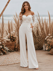 Satin Wide-Leg Evening Jumpsuit with Off-Shoulder Lace Sleeves
