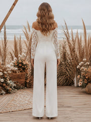 Satin Wide-Leg Evening Jumpsuit with Off-Shoulder Lace Sleeves