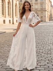 Satin Wide-Leg Evening Jumpsuit with V-Neck and Lace Overlay