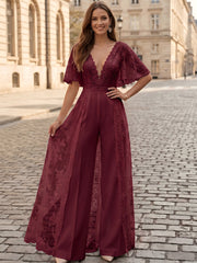Satin Wide-Leg Evening Jumpsuit with V-Neck and Lace Overlay