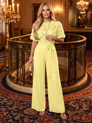 Chiffon Wide-Leg Formal Jumpsuit with 3D Flowers and Tie Waist