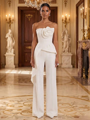 Satin Strapless Evening Jumpsuit with 3D Flower and Peplum