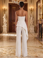 Satin Strapless Evening Jumpsuit with 3D Flower and Peplum
