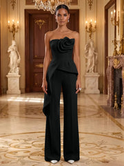Satin Strapless Evening Jumpsuit with 3D Flower and Peplum
