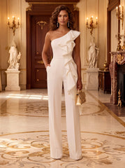 Jersey Wide-Leg Evening Jumpsuit with One Shoulder and Ruffles