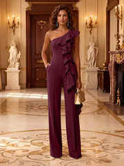 Jersey Wide-Leg Evening Jumpsuit with One Shoulder and Ruffles