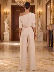 Satin One-Shoulder Formal Jumpsuit with Draped Wide Legs