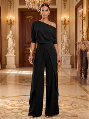 Satin One-Shoulder Formal Jumpsuit with Draped Wide Legs