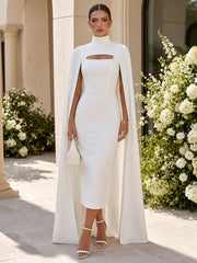 Satin Evening Dress with High Neck and Floor-Length Cape