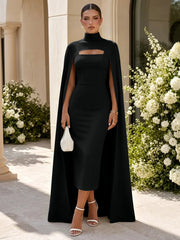 Satin Evening Dress with High Neck and Floor-Length Cape