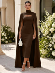 Satin Evening Dress with High Neck and Floor-Length Cape