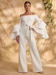 Satin Wide-Leg Evening Jumpsuit with Off-Shoulder Neckline and Ruffle Sleeves