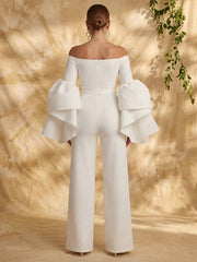 Satin Wide-Leg Evening Jumpsuit with Off-Shoulder Neckline and Ruffle Sleeves