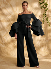 Satin Wide-Leg Evening Jumpsuit with Off-Shoulder Neckline and Ruffle Sleeves
