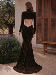 Velvet Mermaid Evening Dress with High Neck and Embellished Bodice