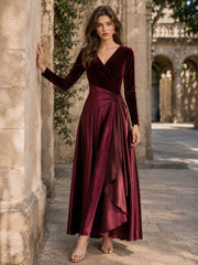 Velvet A-Line Evening Dress with V-Neck and Long Sleeves