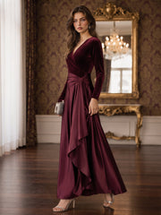 Velvet A-Line Evening Dress with V-Neck and Long Sleeves