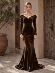 Velvet Mermaid Evening Dress with Off-the-Shoulder Neckline and Long Sleeves