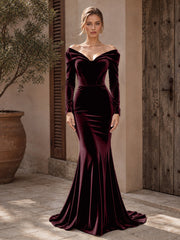 Velvet Mermaid Evening Dress with Off-the-Shoulder Neckline and Long Sleeves