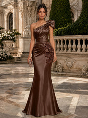 Satin Mermaid Evening Dress with One-Shoulder Bow and 3D Flowers