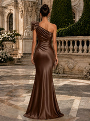 Satin Mermaid Evening Dress with One-Shoulder Bow and 3D Flowers