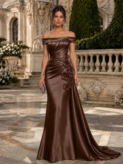Satin Mermaid Evening Dress with Off-Shoulder Neckline and 3D Flowers