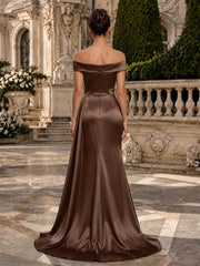 Satin Mermaid Evening Dress with Off-Shoulder Neckline and 3D Flowers