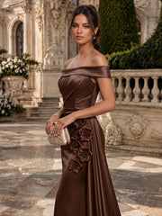 Satin Mermaid Evening Dress with Off-Shoulder Neckline and 3D Flowers