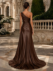 Satin Mermaid Evening Dress with One-Shoulder Neckline and 3D Flowers