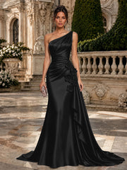 Satin Mermaid Evening Dress with One-Shoulder Neckline and 3D Flowers
