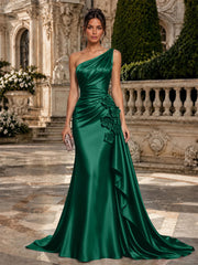 Satin Mermaid Evening Dress with One-Shoulder Neckline and 3D Flowers