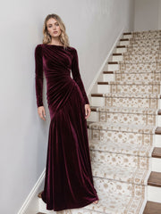 Velvet A-Line Evening Dress with Boat Neck and Long Sleeves