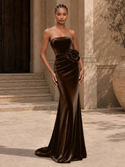 Velvet Mermaid Evening Dress with Strapless Neckline and 3D Flower