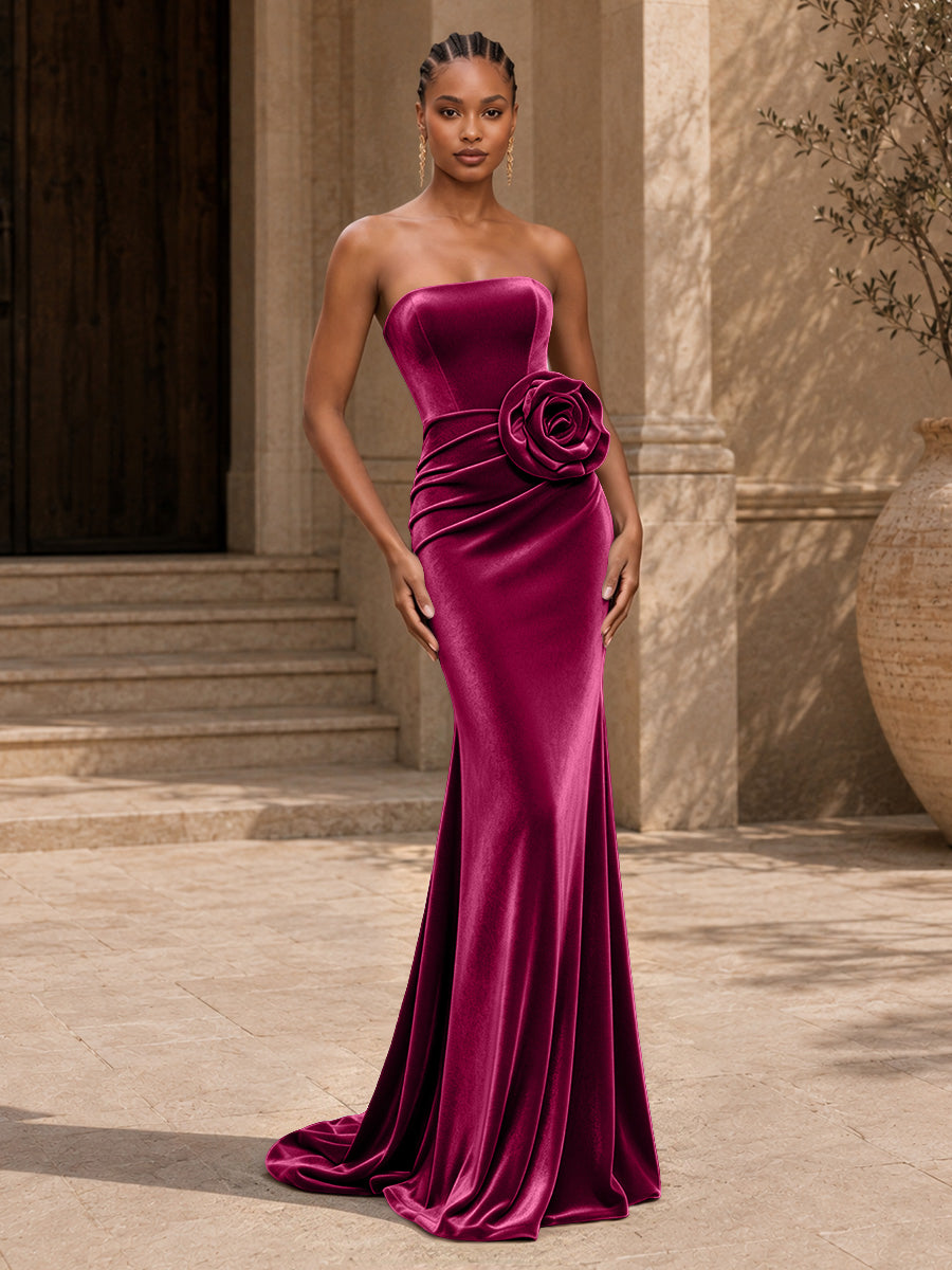 Velvet Mermaid Evening Dress with Strapless Neckline and 3D Flower
