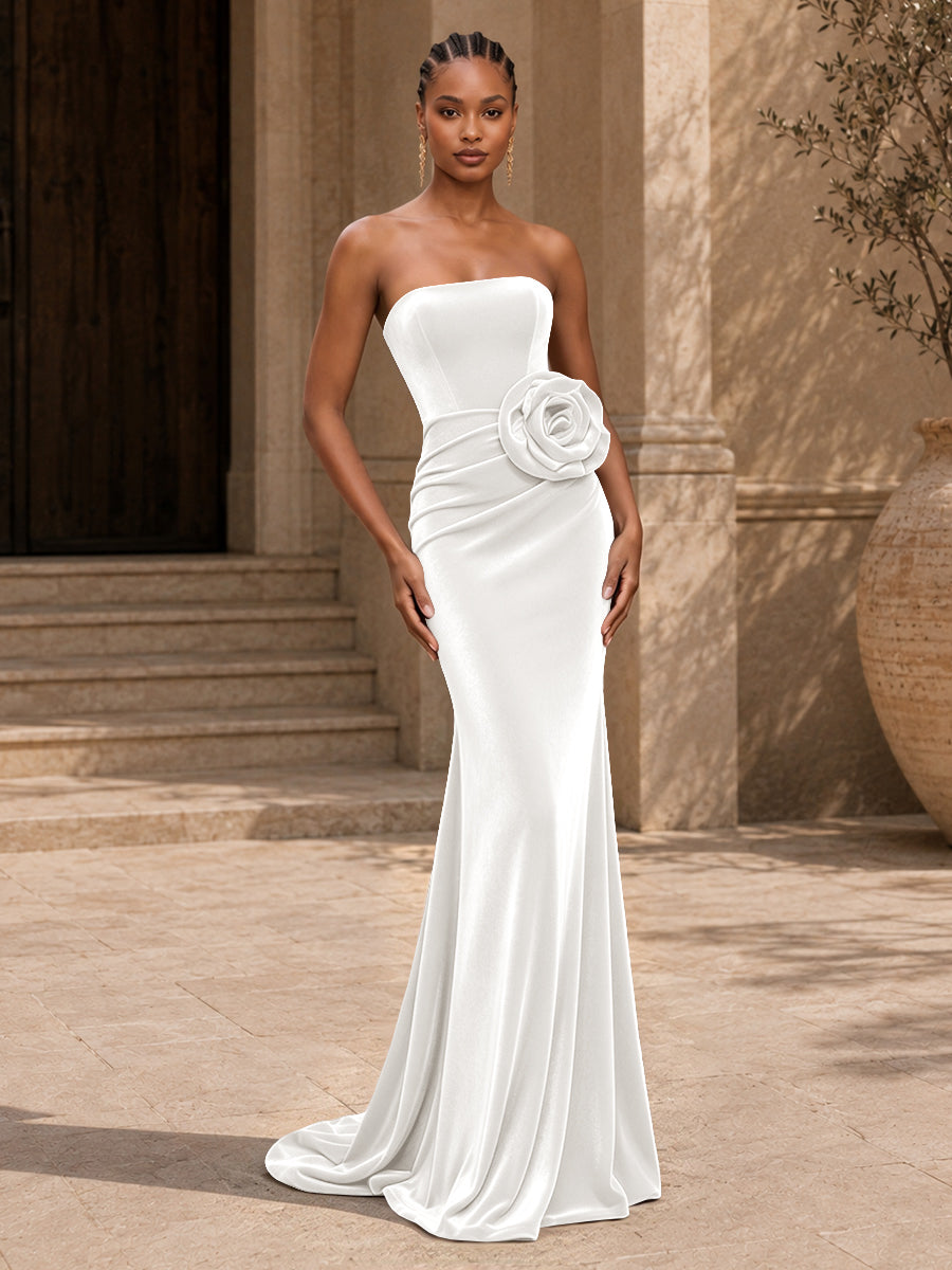 Velvet Mermaid Evening Dress with Strapless Neckline and 3D Flower