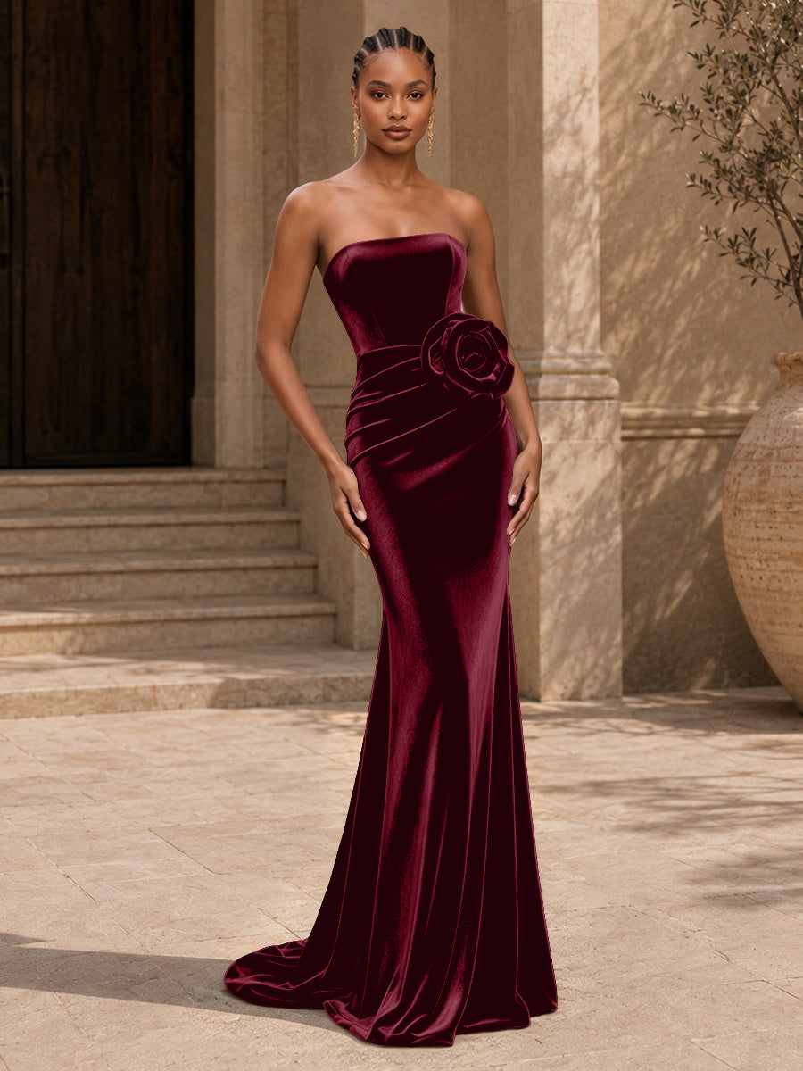 Velvet Mermaid Evening Dress with Strapless Neckline and 3D Flower